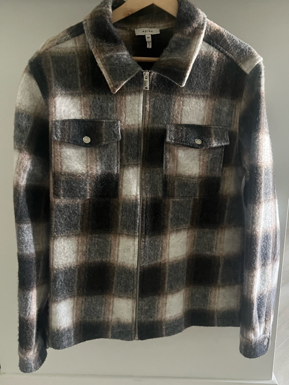 Reiss Men's Brown and Cream Plaid Zip Shirt Jacket